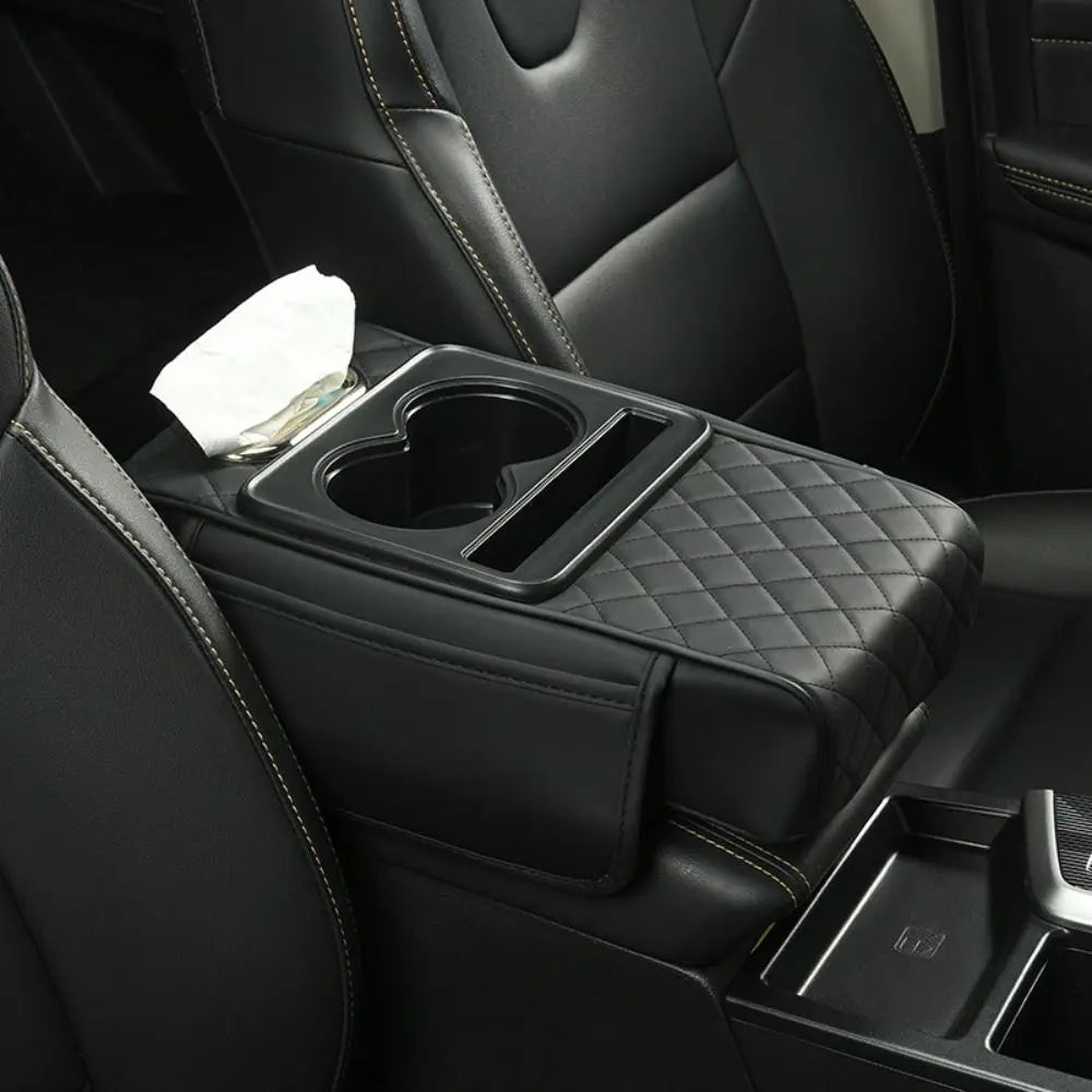 Cojín de reposabrazos Auto Center Console con soportes de doble copa - PU Página de respaldo portátil para automóviles y potenciador de altura