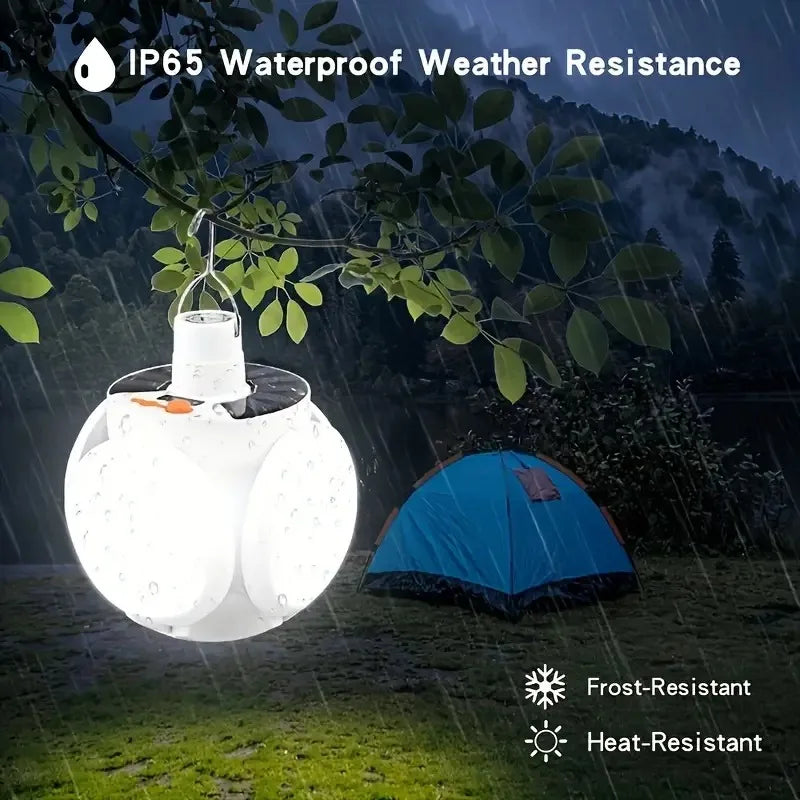 Solar LED Camping Lantern, Tent Lamp with Hook, Portable Outdoor Football Folding Light, Emergency Hurricane Camp Lamp