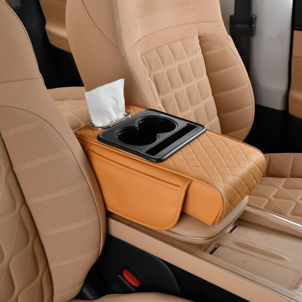 Cojín de reposabrazos Auto Center Console con soportes de doble copa - PU Página de respaldo portátil para automóviles y potenciador de altura