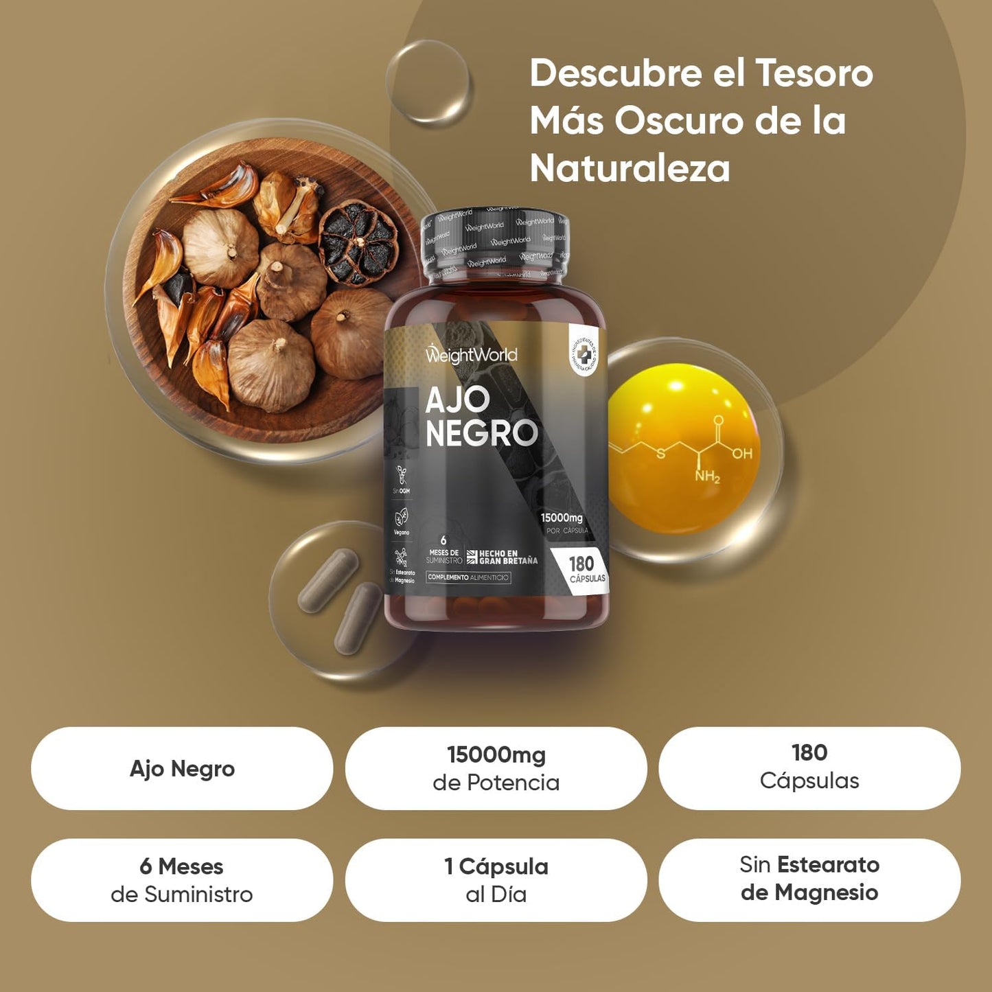 Cápsulas De Ajo Negro, Suministro Para 6 Meses, 180 Cápsulas, 15000Mg De Extracto De Ajo Negro Por Cápsula (100:1), 1 Cápsula Al Día, Vegano, Sin OMG Y Sin Estearato De Magnesio
