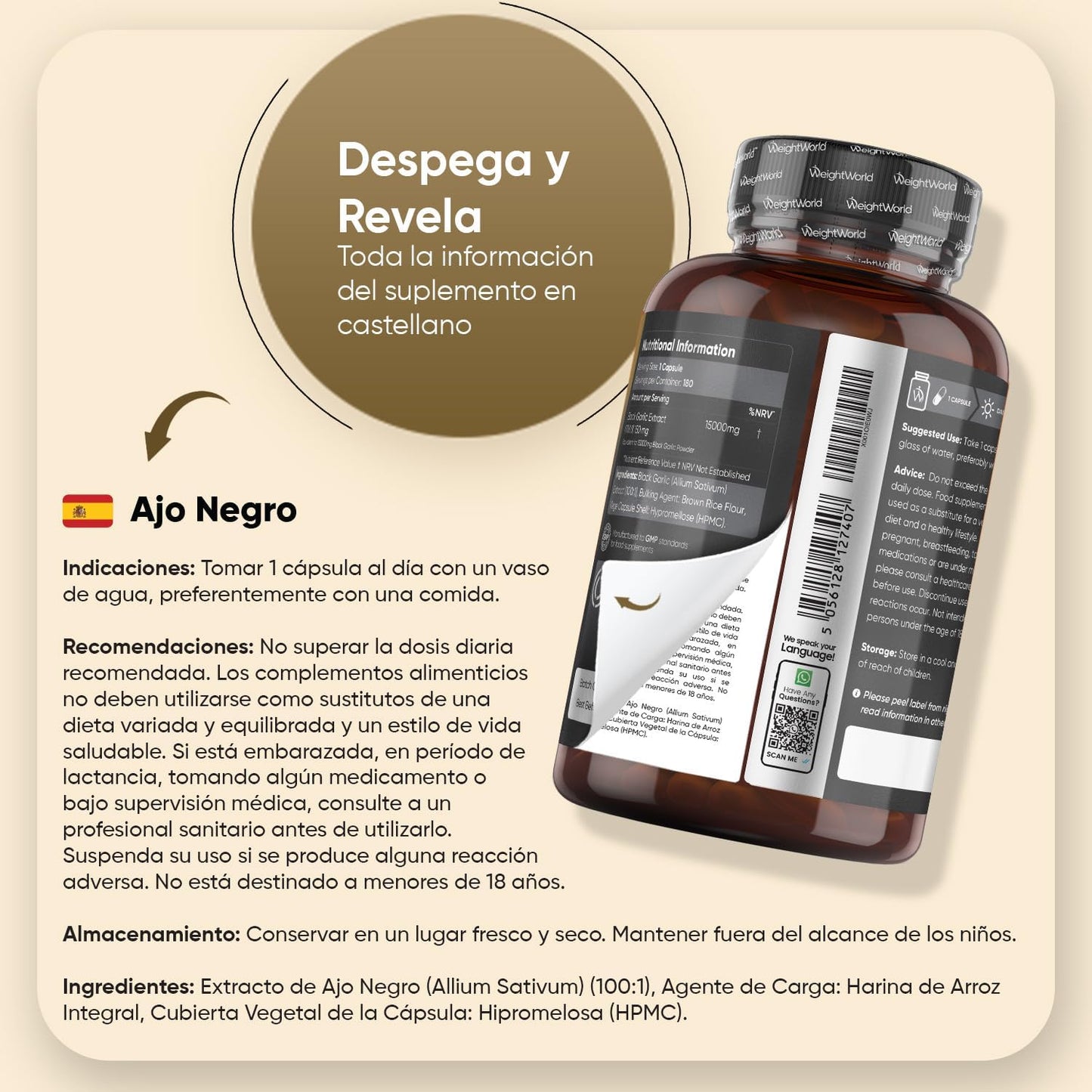 Cápsulas De Ajo Negro, Suministro Para 6 Meses, 180 Cápsulas, 15000Mg De Extracto De Ajo Negro Por Cápsula (100:1), 1 Cápsula Al Día, Vegano, Sin OMG Y Sin Estearato De Magnesio
