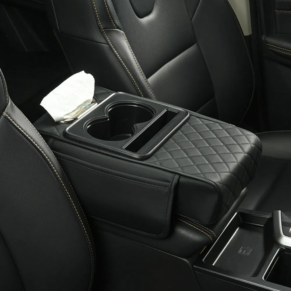 Cojín de reposabrazos Auto Center Console con soportes de doble copa - PU Página de respaldo portátil para automóviles y potenciador de altura