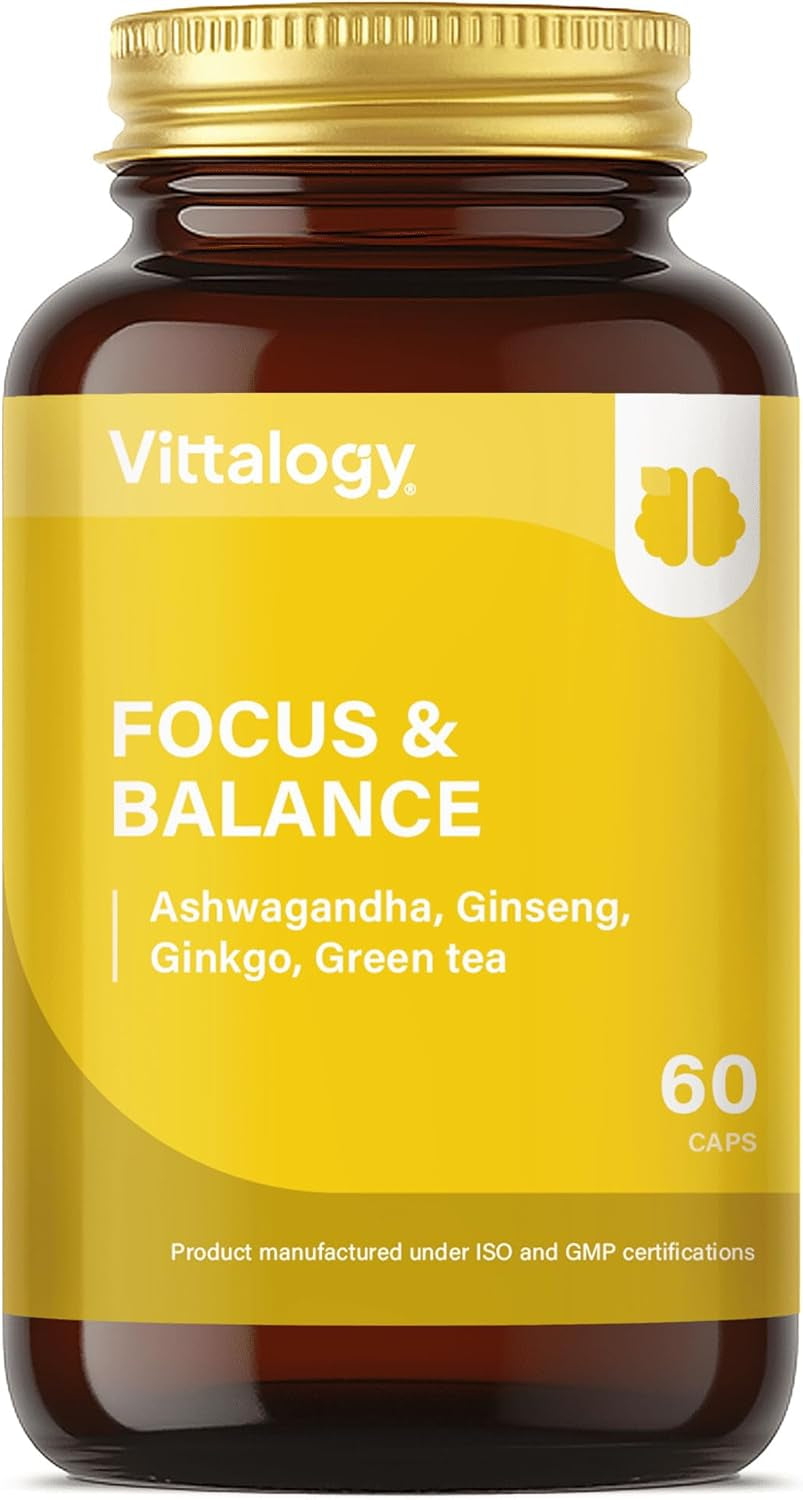 VITTALOGY Focus & Balance Complemento Alimenticio Nootrópico Con Ashwagandha Para Memoria Y Concentración. Suplemento Antiestrés De Té Verde, Ginseng Y Vitaminas B3, B5 Y B1 Para Estudiar. 60 Cápsulas