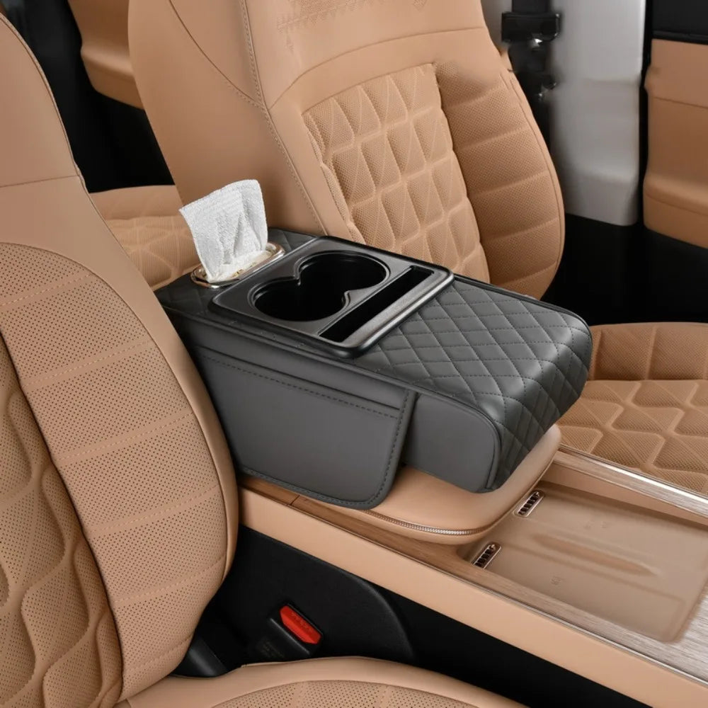 Cojín de reposabrazos Auto Center Console con soportes de doble copa - PU Página de respaldo portátil para automóviles y potenciador de altura