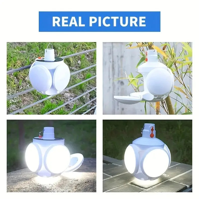 Solar LED Camping Lantern, Tent Lamp with Hook, Portable Outdoor Football Folding Light, Emergency Hurricane Camp Lamp