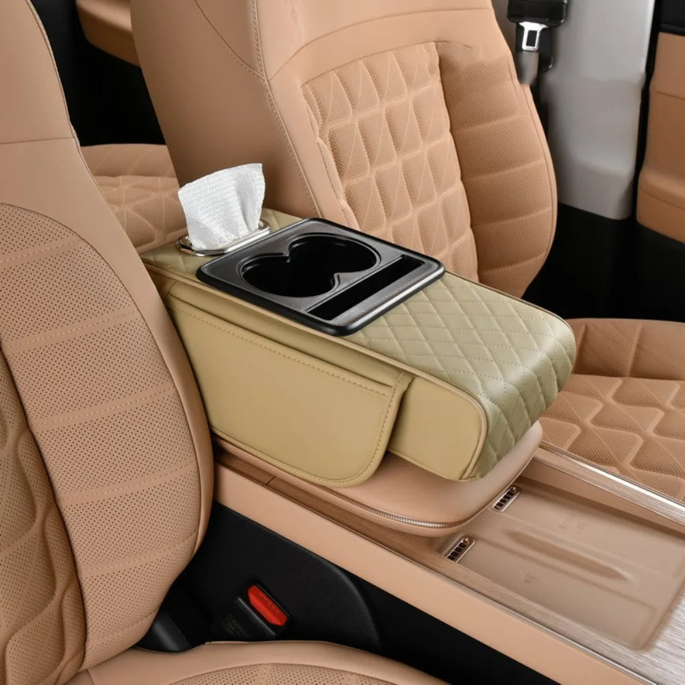 Cojín de reposabrazos Auto Center Console con soportes de doble copa - PU Página de respaldo portátil para automóviles y potenciador de altura