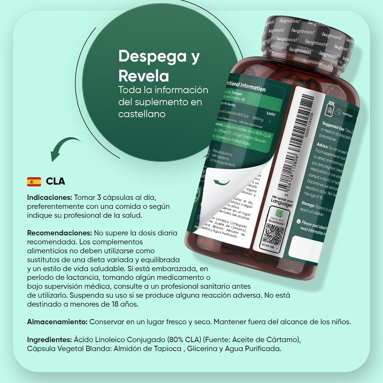 CLA Ácido Linoleico Conjugado 3000Mg 180 Cápsulas - Suplemento Keto De Perlas De Aceite De Cártamo Puro - Fuente Natural De Ácidos Grasos Omega 6 Sin Lactosa, Para 2 Meses