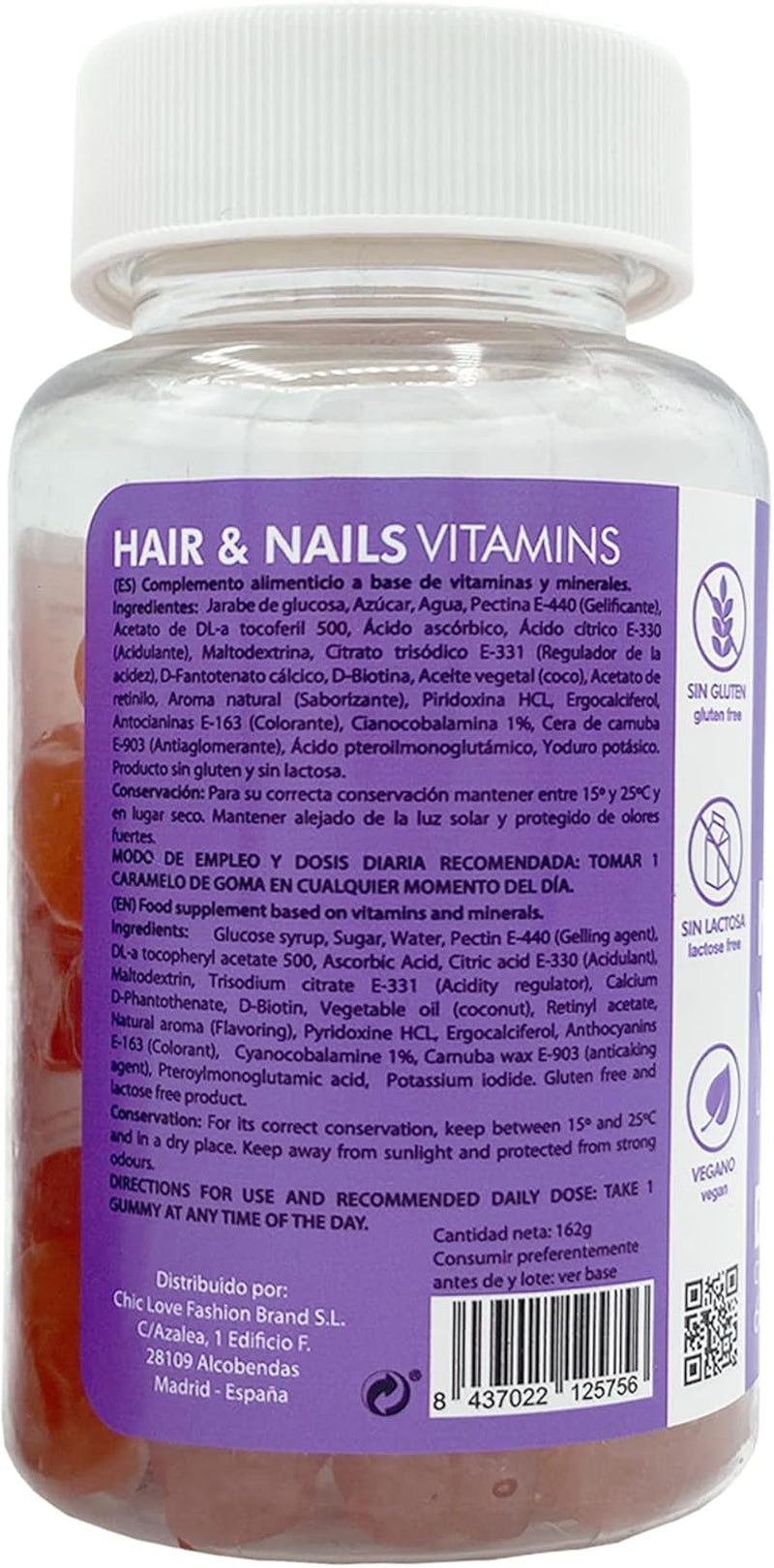 CHIC & LOVE | Gominolas Para Cabello Y Uñas Para Mujer | Vitaminas A, D, E, C, B5, B6, B12, Biotina 5.000 Mcg, Ácido Fólico YODO | SIN Gluten, SIN Lactosa, Veganas | Frambuesa | 60 Gominolas, 2 Meses