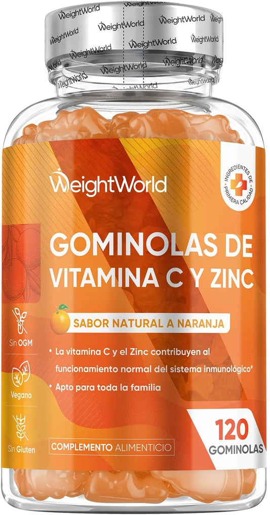 Vitamina C Y Zinc 206 Mg - 120 Gominolas Con Sabor Natural a Naranja - Gomitas Veganas, Sin Gluten Y Sin OGM Para 2 Meses