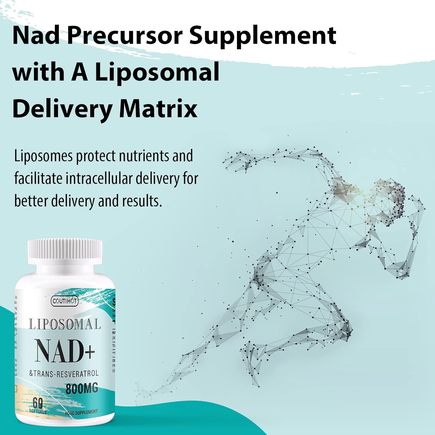 Suplemento NAD+ Liposomal 500MG Con Trans-Resveratrol 300MG - Alta Absorción - 60 Microgeles Vegetales - Apoyo Antienvejecimiento, Cognitivo Y Energético ( Cápsula Blanda 60 Count)
