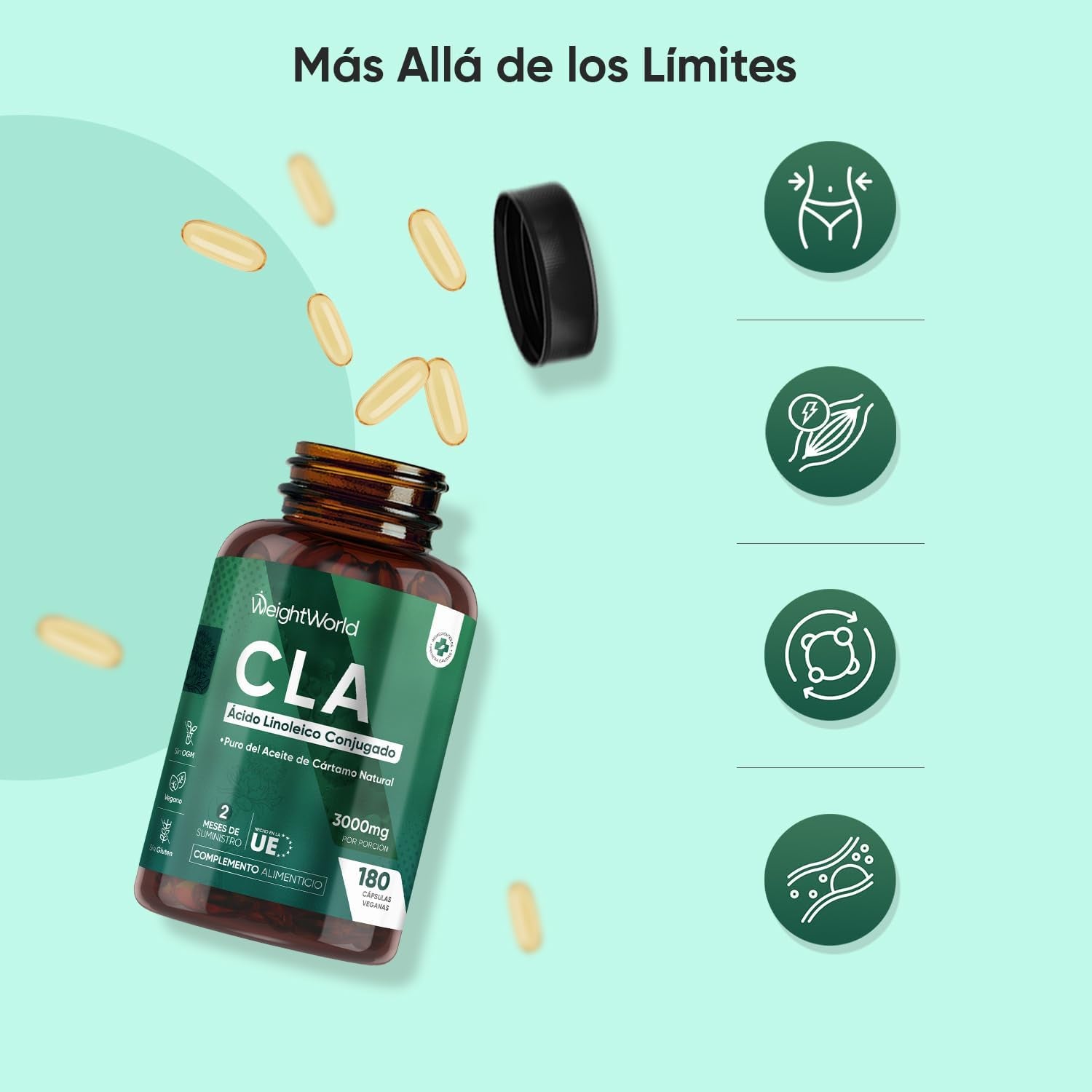 CLA Ácido Linoleico Conjugado 3000Mg 180 Cápsulas - Suplemento Keto De Perlas De Aceite De Cártamo Puro - Fuente Natural De Ácidos Grasos Omega 6 Sin Lactosa, Para 2 Meses