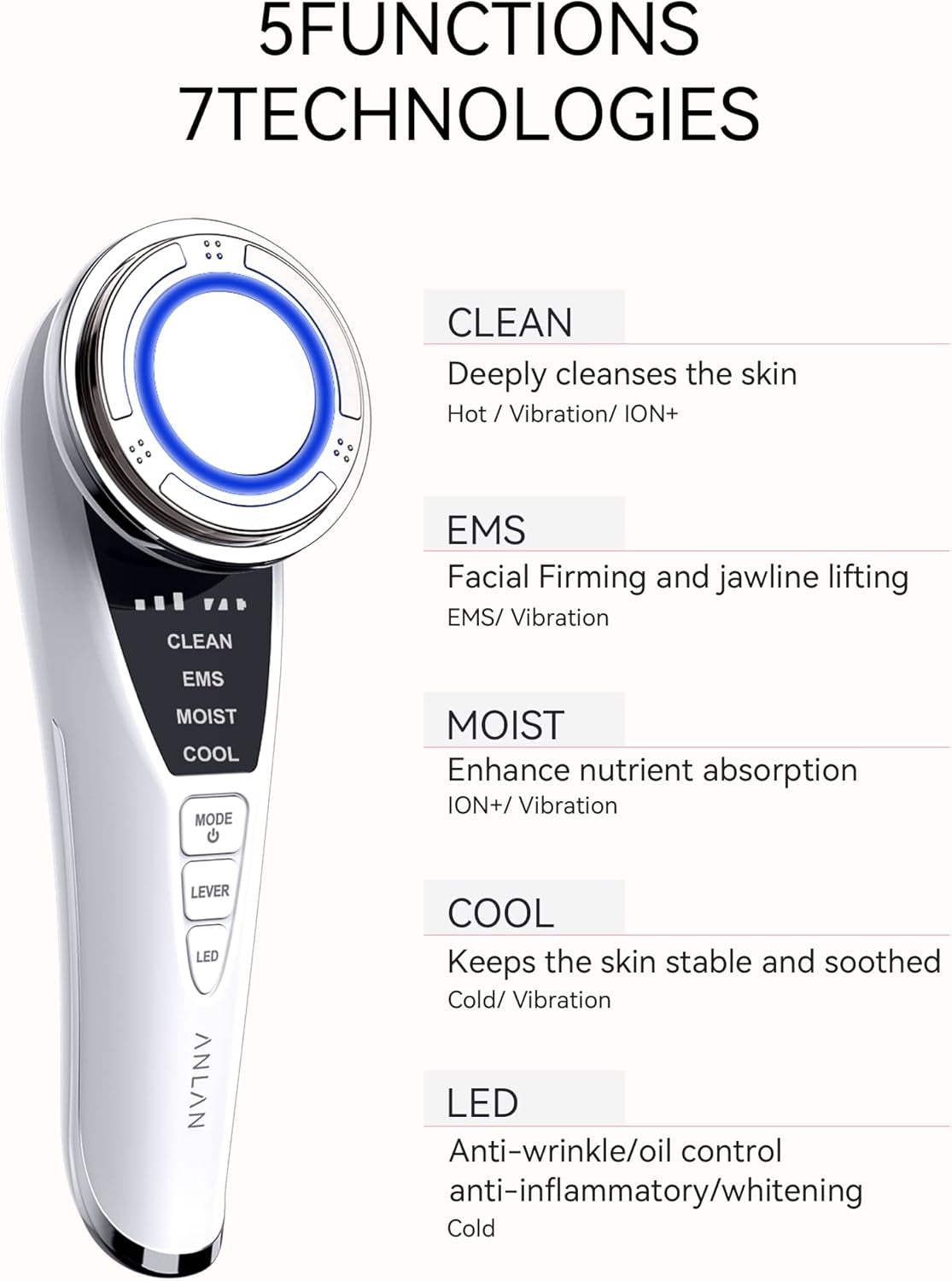 ANLAN Masajeador Facial Para Antiarrugas Y Reafirmante, 5EN1 Maquina Estetica Antienvejecimiento, Cuidado Facial, Antiflacidez Cara Y Cuello, Limpieza Profunda, Con Algodón