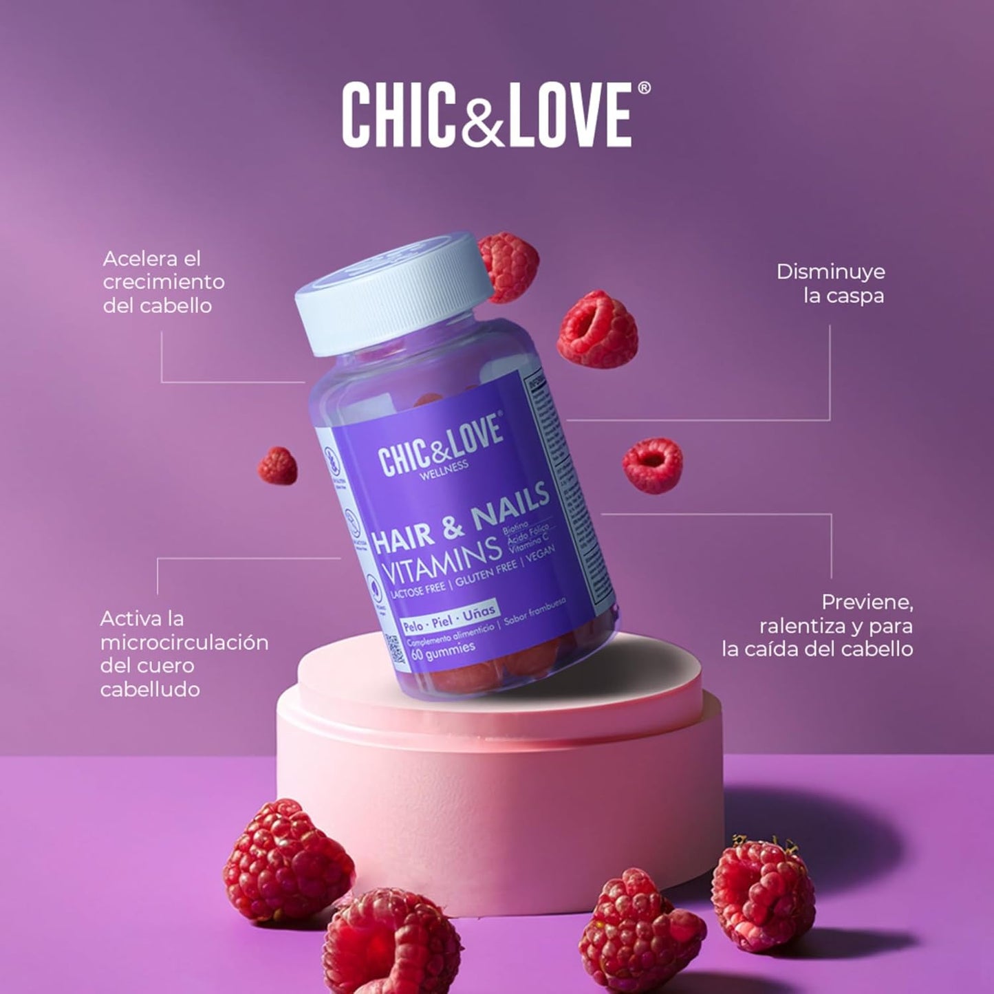 CHIC & LOVE | Gominolas Para Cabello Y Uñas Para Mujer | Vitaminas A, D, E, C, B5, B6, B12, Biotina 5.000 Mcg, Ácido Fólico YODO | SIN Gluten, SIN Lactosa, Veganas | Frambuesa | 60 Gominolas, 2 Meses