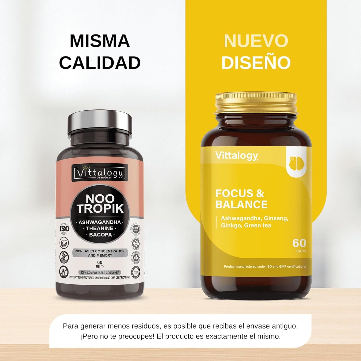 VITTALOGY Focus & Balance Complemento Alimenticio Nootrópico Con Ashwagandha Para Memoria Y Concentración. Suplemento Antiestrés De Té Verde, Ginseng Y Vitaminas B3, B5 Y B1 Para Estudiar. 60 Cápsulas