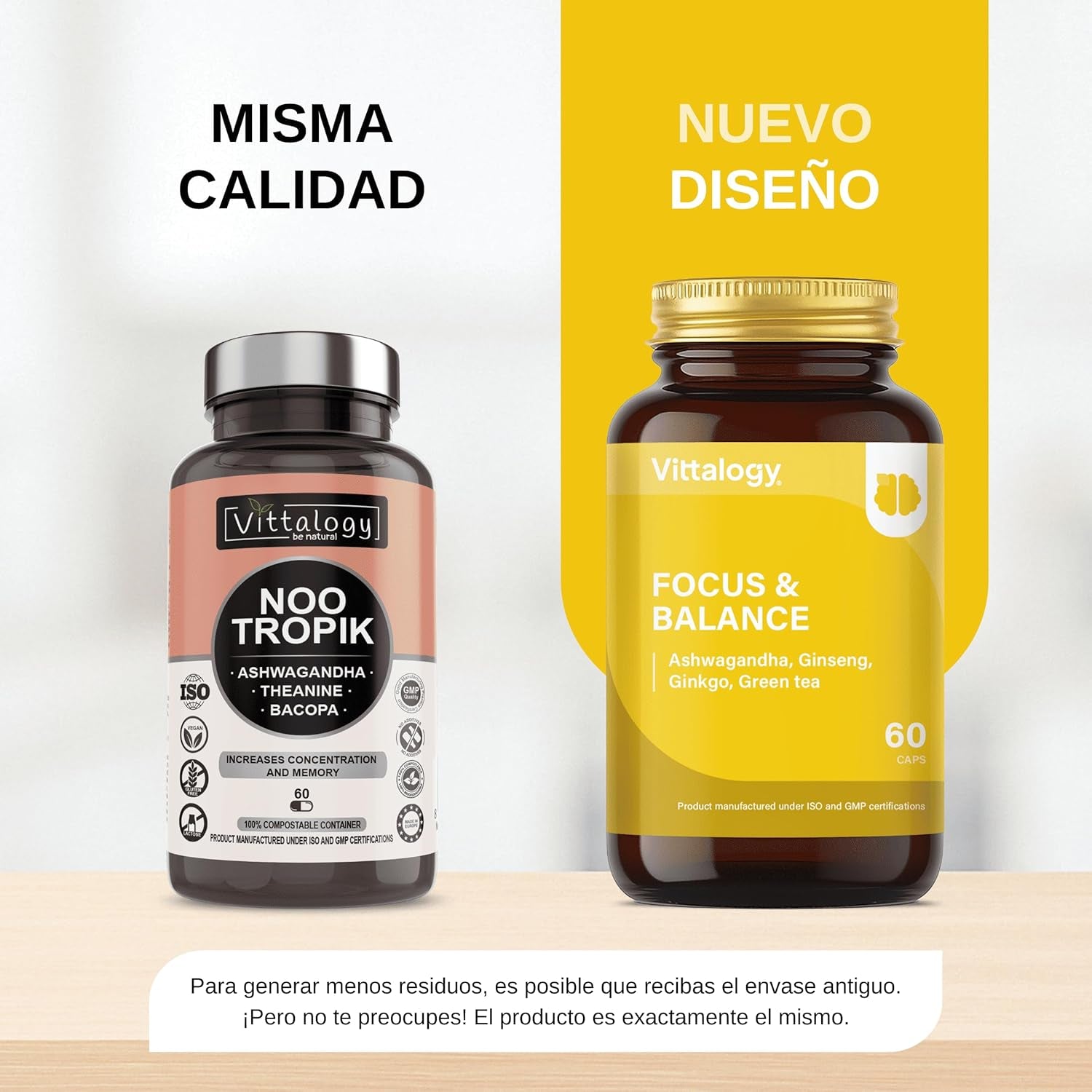 VITTALOGY Focus & Balance Complemento Alimenticio Nootrópico Con Ashwagandha Para Memoria Y Concentración. Suplemento Antiestrés De Té Verde, Ginseng Y Vitaminas B3, B5 Y B1 Para Estudiar. 60 Cápsulas