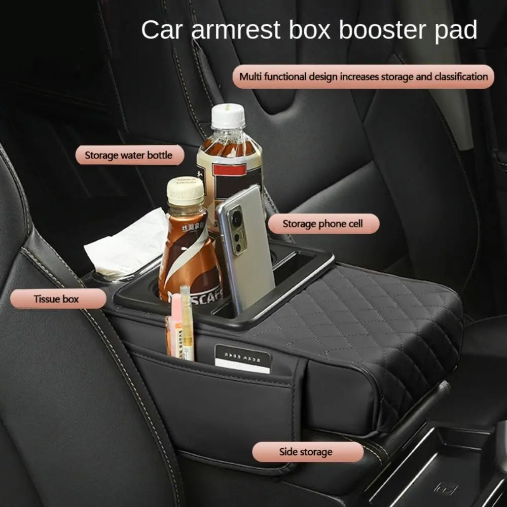Cojín de reposabrazos Auto Center Console con soportes de doble copa - PU Página de respaldo portátil para automóviles y potenciador de altura