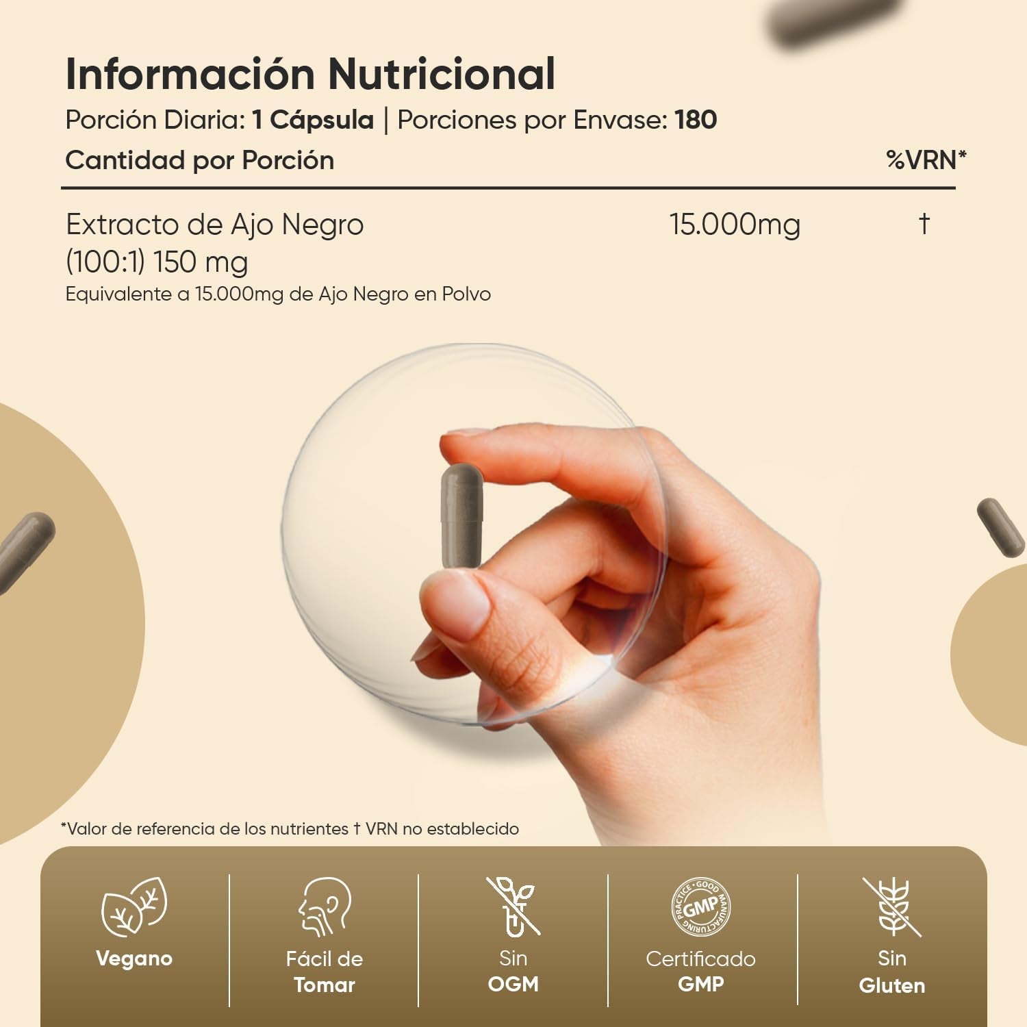 Cápsulas De Ajo Negro, Suministro Para 6 Meses, 180 Cápsulas, 15000Mg De Extracto De Ajo Negro Por Cápsula (100:1), 1 Cápsula Al Día, Vegano, Sin OMG Y Sin Estearato De Magnesio