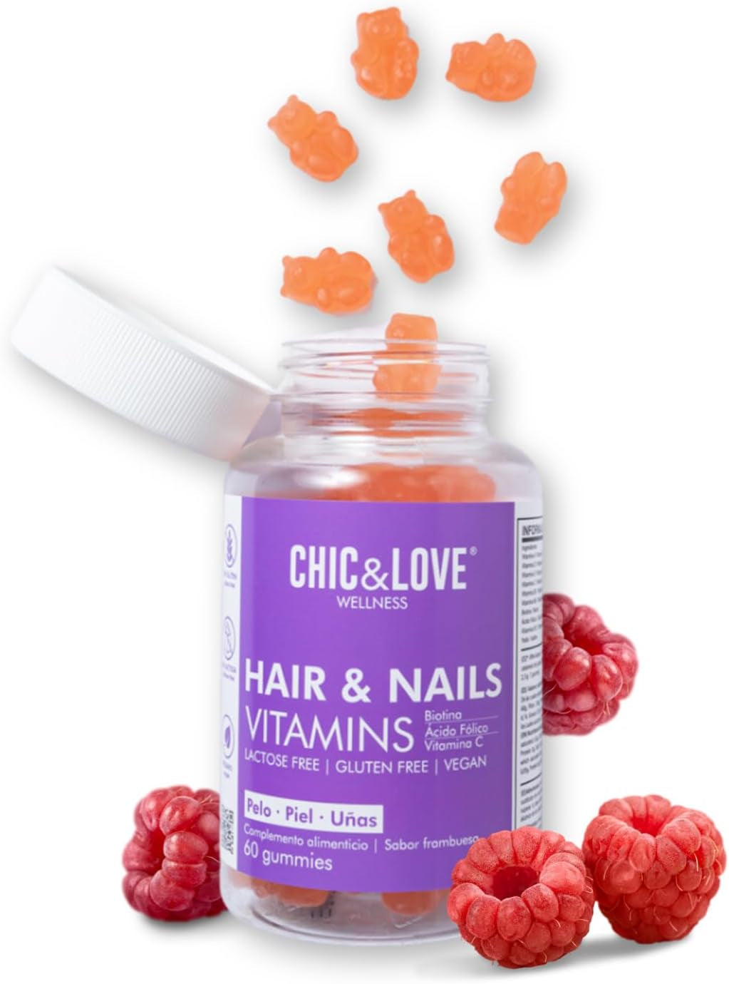 CHIC & LOVE | Gominolas Para Cabello Y Uñas Para Mujer | Vitaminas A, D, E, C, B5, B6, B12, Biotina 5.000 Mcg, Ácido Fólico YODO | SIN Gluten, SIN Lactosa, Veganas | Frambuesa | 60 Gominolas, 2 Meses