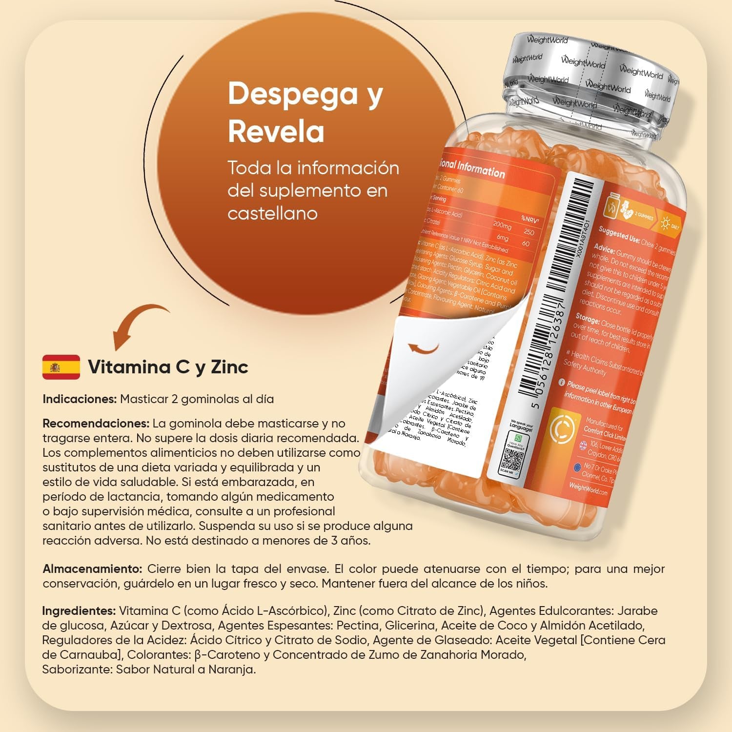 Vitamina C Y Zinc 206 Mg - 120 Gominolas Con Sabor Natural a Naranja - Gomitas Veganas, Sin Gluten Y Sin OGM Para 2 Meses