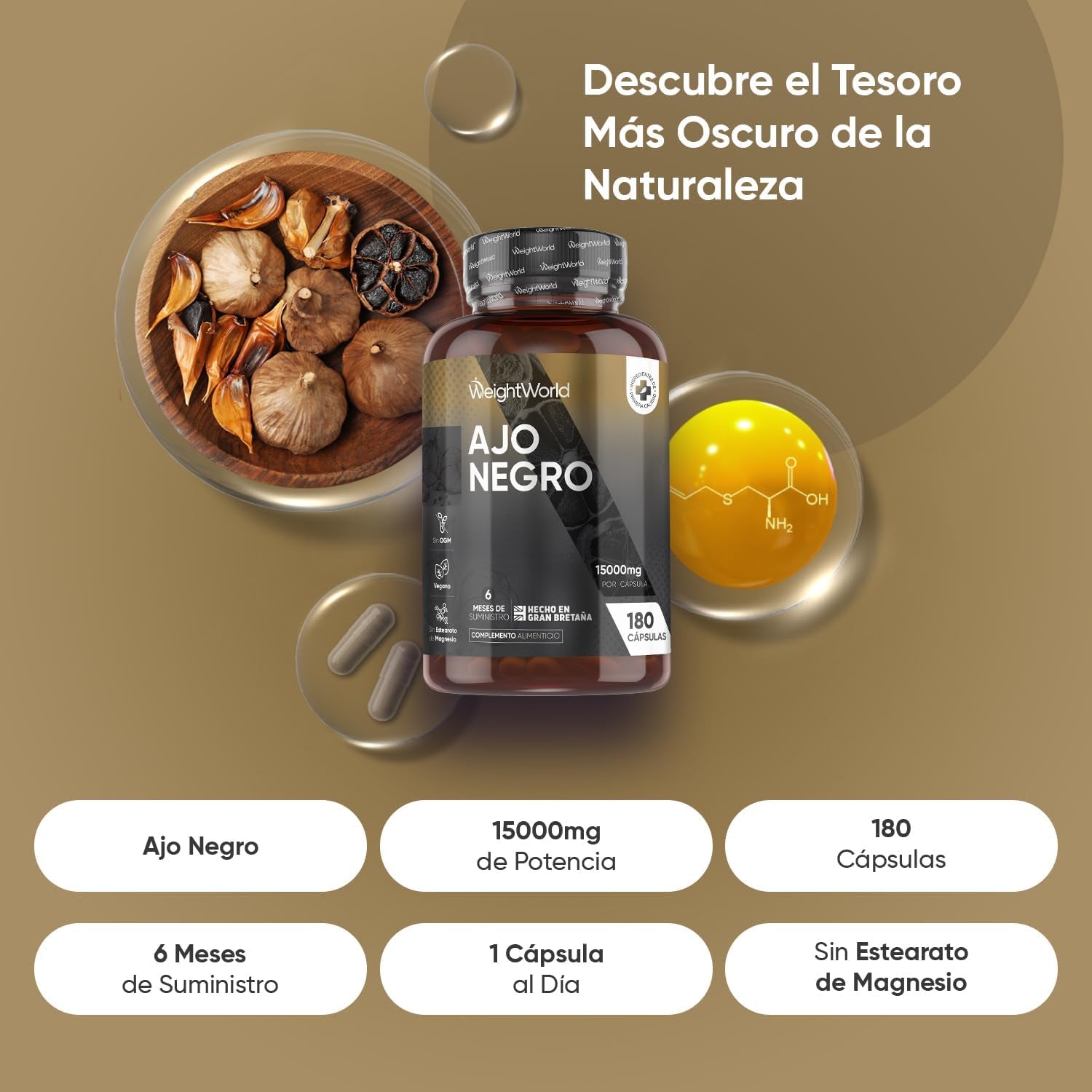 Cápsulas De Ajo Negro, Suministro Para 6 Meses, 180 Cápsulas, 15000Mg De Extracto De Ajo Negro Por Cápsula (100:1), 1 Cápsula Al Día, Vegano, Sin OMG Y Sin Estearato De Magnesio