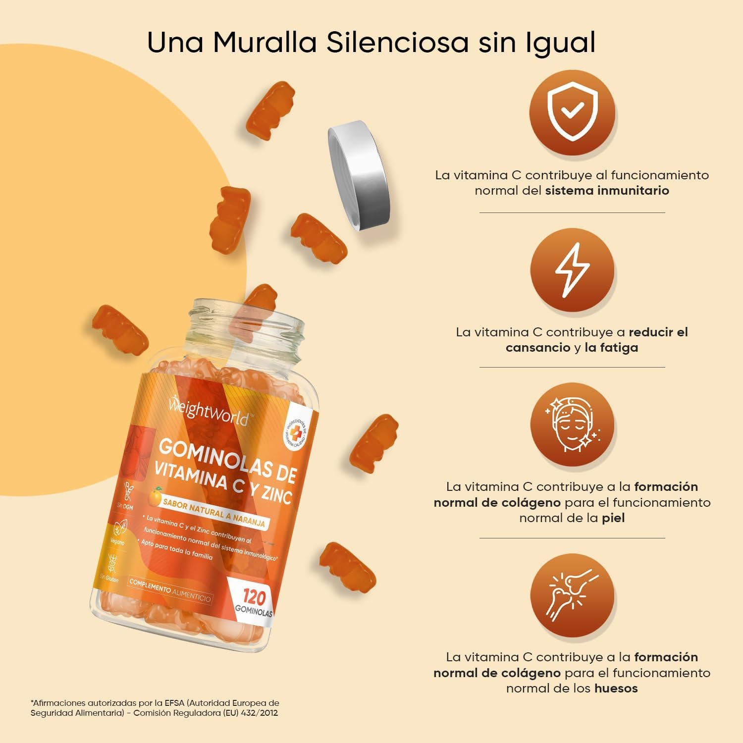Vitamina C Y Zinc 206 Mg - 120 Gominolas Con Sabor Natural a Naranja - Gomitas Veganas, Sin Gluten Y Sin OGM Para 2 Meses