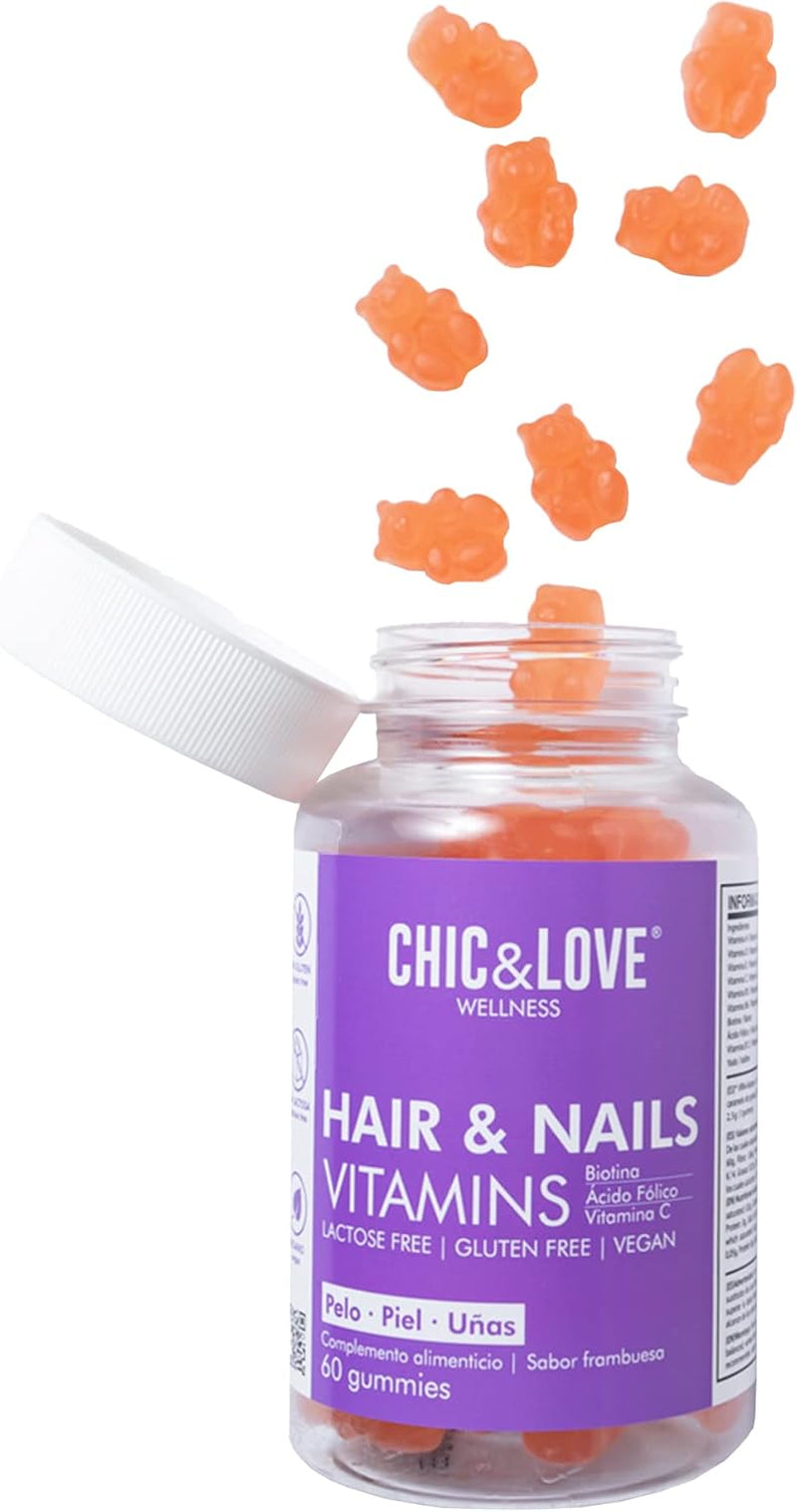 CHIC & LOVE | Gominolas Para Cabello Y Uñas Para Mujer | Vitaminas A, D, E, C, B5, B6, B12, Biotina 5.000 Mcg, Ácido Fólico YODO | SIN Gluten, SIN Lactosa, Veganas | Frambuesa | 60 Gominolas, 2 Meses
