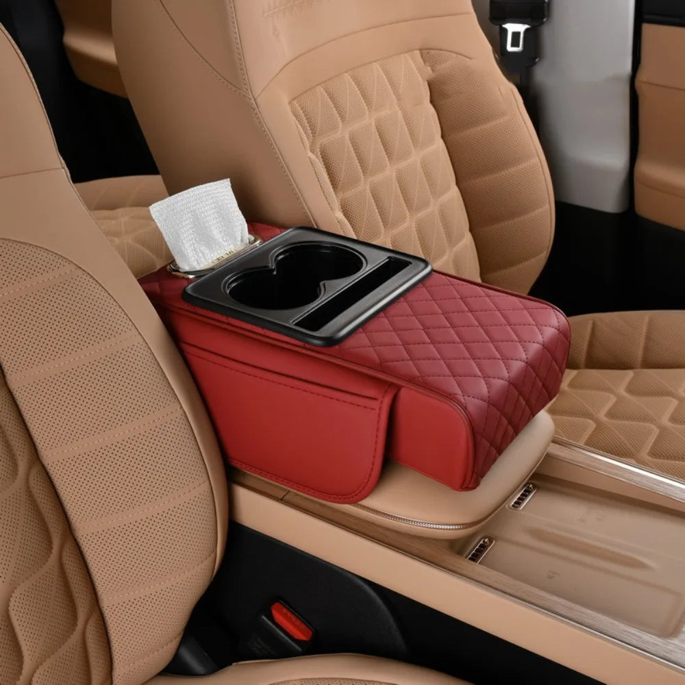 Cojín de reposabrazos Auto Center Console con soportes de doble copa - PU Página de respaldo portátil para automóviles y potenciador de altura