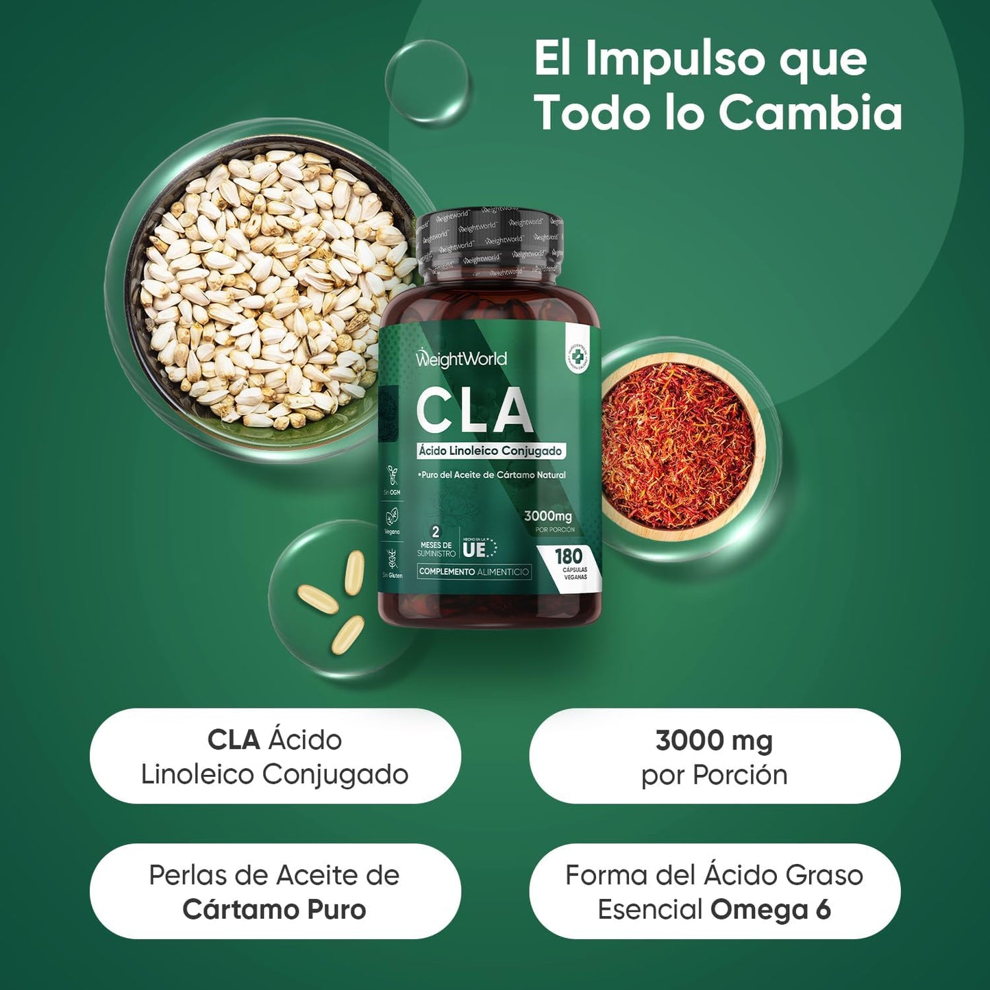 CLA Ácido Linoleico Conjugado 3000Mg 180 Cápsulas - Suplemento Keto De Perlas De Aceite De Cártamo Puro - Fuente Natural De Ácidos Grasos Omega 6 Sin Lactosa, Para 2 Meses