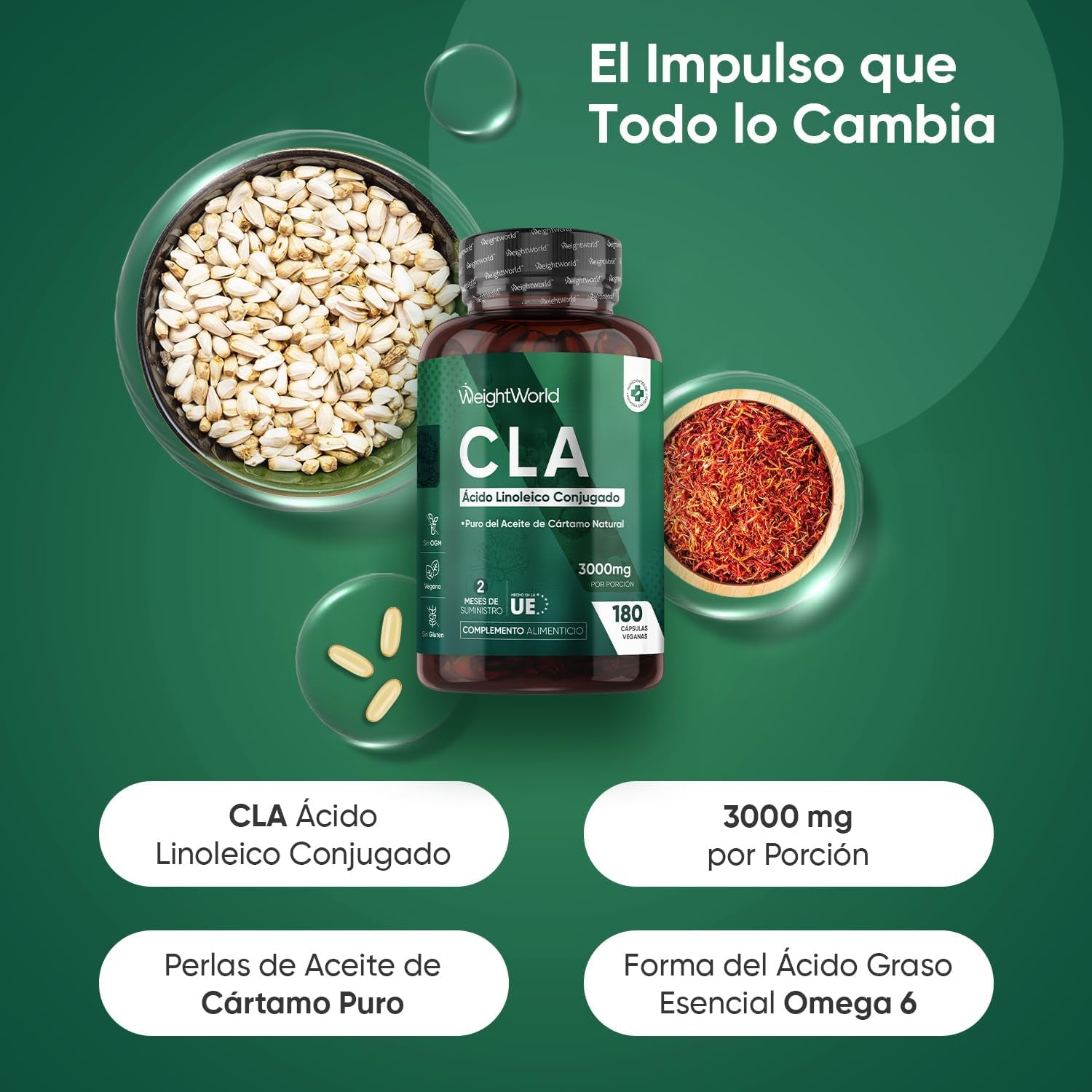 CLA Ácido Linoleico Conjugado 3000Mg 180 Cápsulas - Suplemento Keto De Perlas De Aceite De Cártamo Puro - Fuente Natural De Ácidos Grasos Omega 6 Sin Lactosa, Para 2 Meses