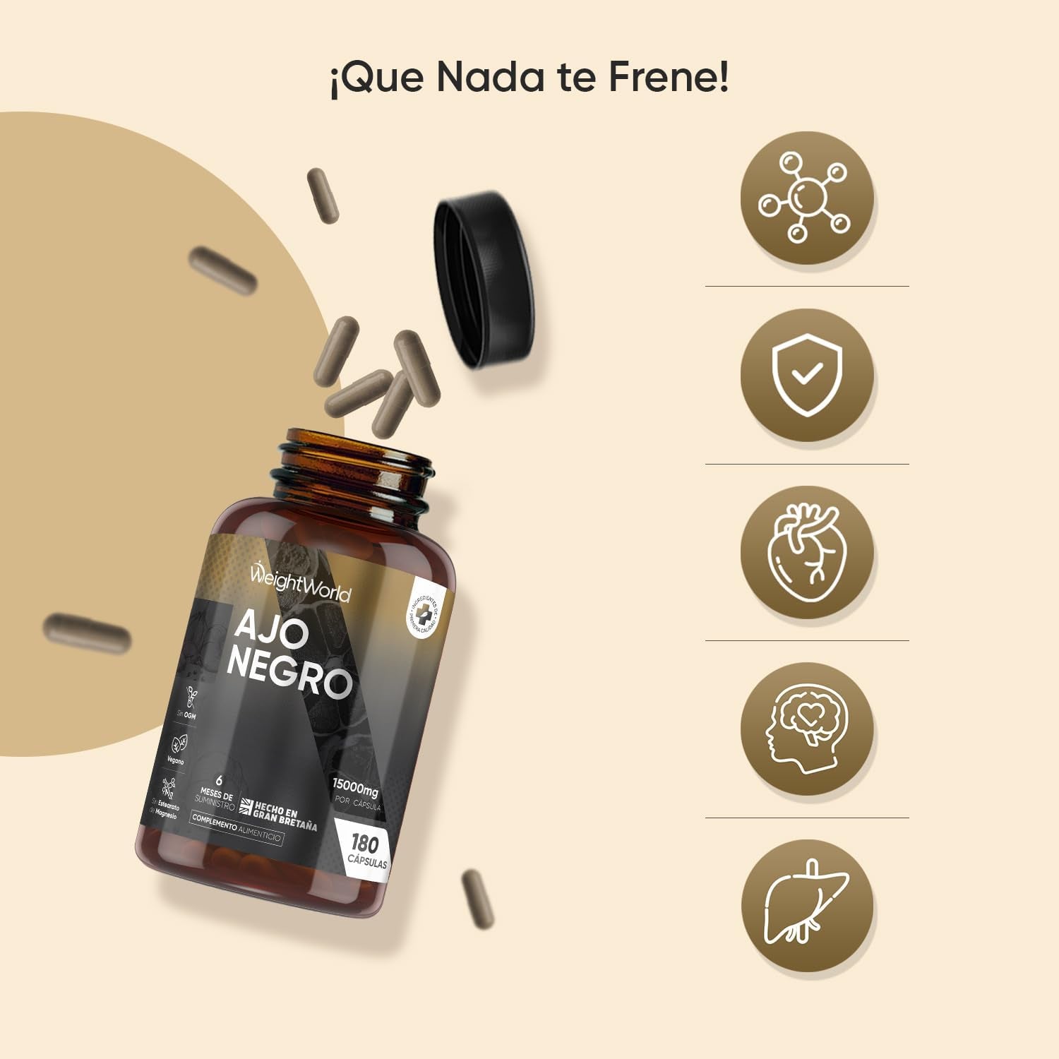 Cápsulas De Ajo Negro, Suministro Para 6 Meses, 180 Cápsulas, 15000Mg De Extracto De Ajo Negro Por Cápsula (100:1), 1 Cápsula Al Día, Vegano, Sin OMG Y Sin Estearato De Magnesio