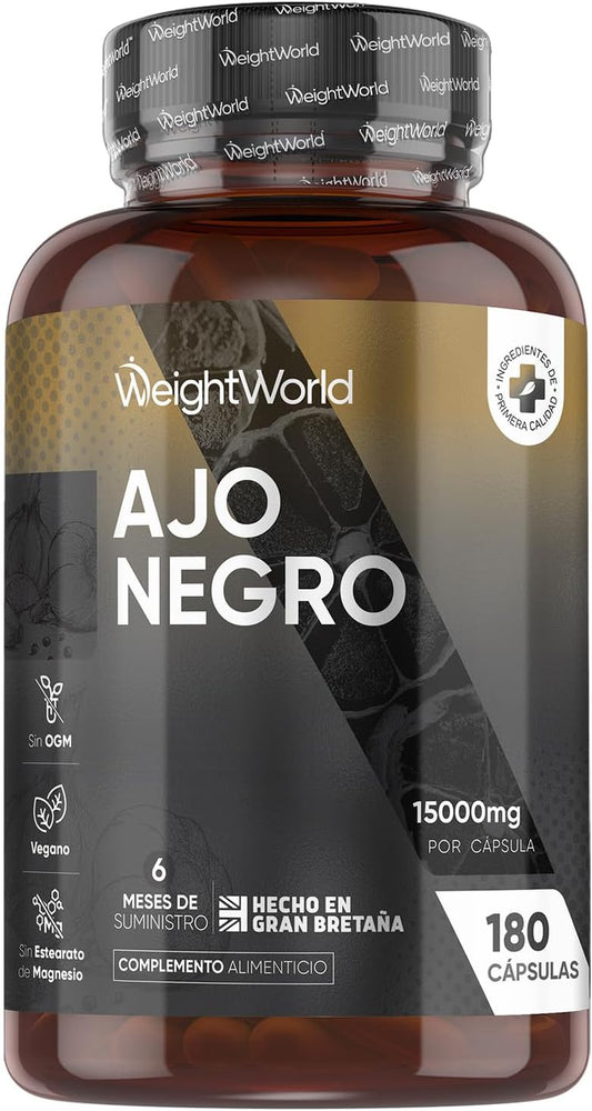 Cápsulas De Ajo Negro, Suministro Para 6 Meses, 180 Cápsulas, 15000Mg De Extracto De Ajo Negro Por Cápsula (100:1), 1 Cápsula Al Día, Vegano, Sin OMG Y Sin Estearato De Magnesio