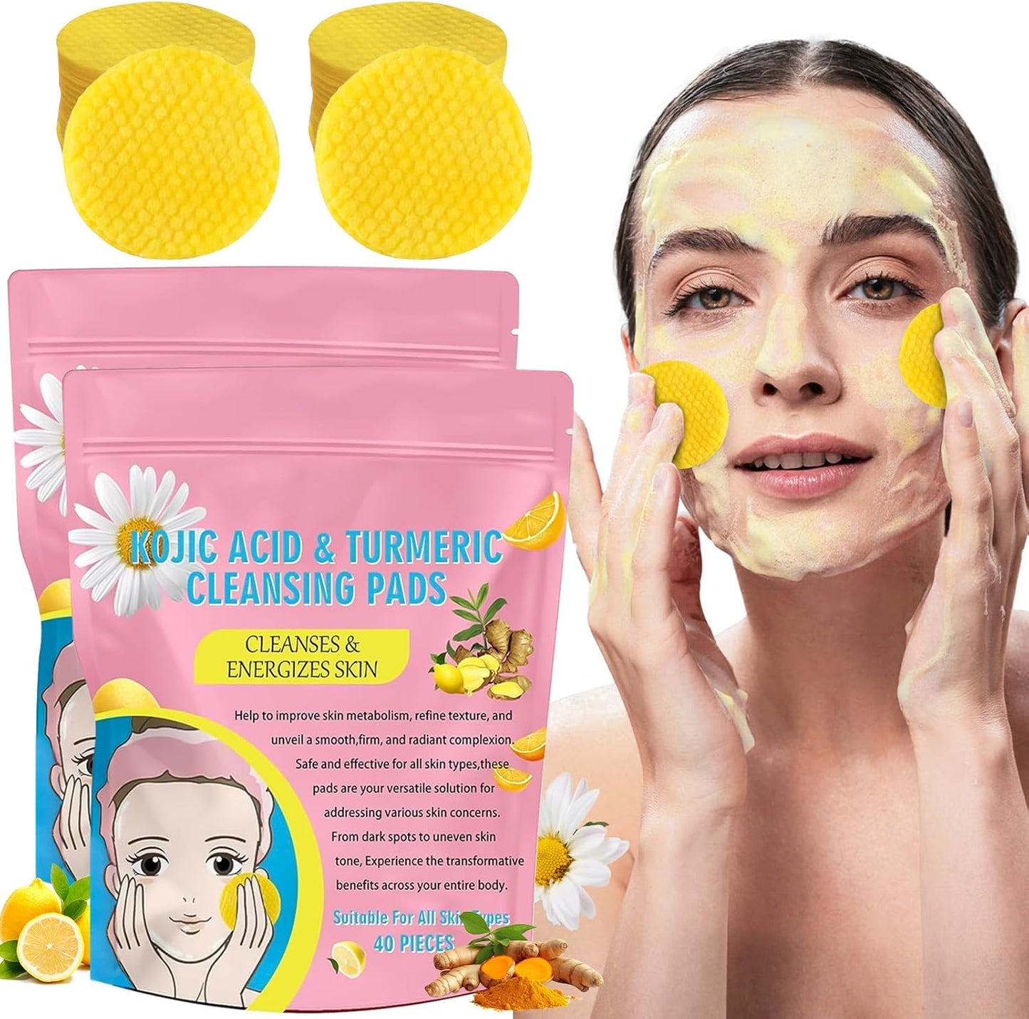 80 Piezas Kojic Acid and Turmeric Cleaning Pad, Turmeric Kojic Acid Exfoliating Cleansing Pads, Ácido Kójico Almohadillas Limpiadoras, Para Limpiar Y Exfoliar, Equilibra El Aceite Y El Agua