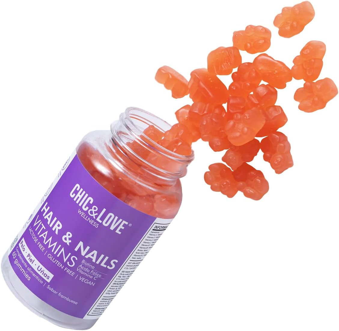 CHIC & LOVE | Gominolas Para Cabello Y Uñas Para Mujer | Vitaminas A, D, E, C, B5, B6, B12, Biotina 5.000 Mcg, Ácido Fólico YODO | SIN Gluten, SIN Lactosa, Veganas | Frambuesa | 60 Gominolas, 2 Meses