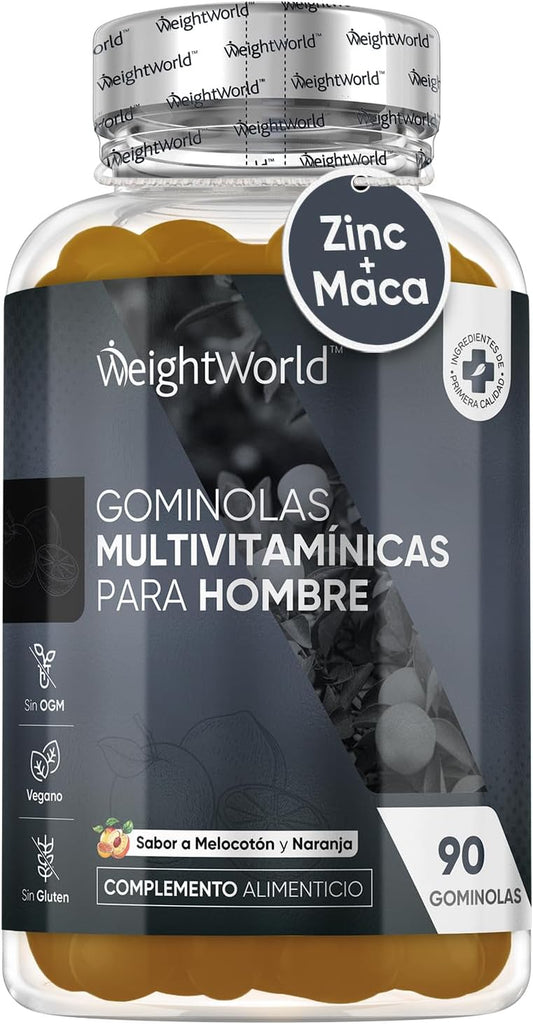 Multivitamínico Hombre Con Minerales - 90 Gominolas Sabor Melocotón Y Naranja - 14 Nutrientes Esenciales - Men Complex De Vitaminas B, Vitamina C, Calcio, Zinc Maca Y Biotina - Vegano Y Sin Gluten