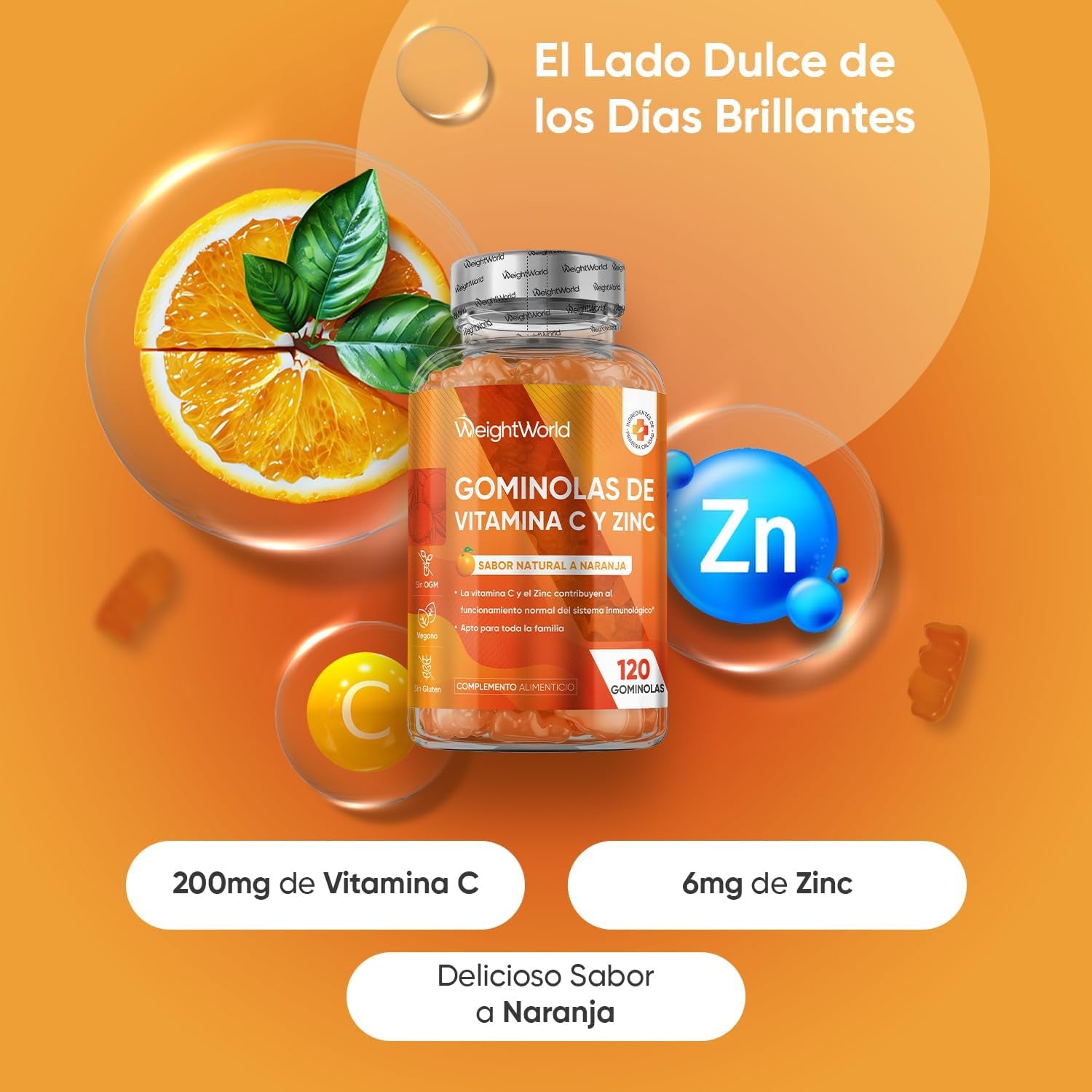 Vitamina C Y Zinc 206 Mg - 120 Gominolas Con Sabor Natural a Naranja - Gomitas Veganas, Sin Gluten Y Sin OGM Para 2 Meses