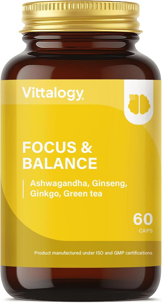 VITTALOGY Focus & Balance Complemento Alimenticio Nootrópico Con Ashwagandha Para Memoria Y Concentración. Suplemento Antiestrés De Té Verde, Ginseng Y Vitaminas B3, B5 Y B1 Para Estudiar. 60 Cápsulas