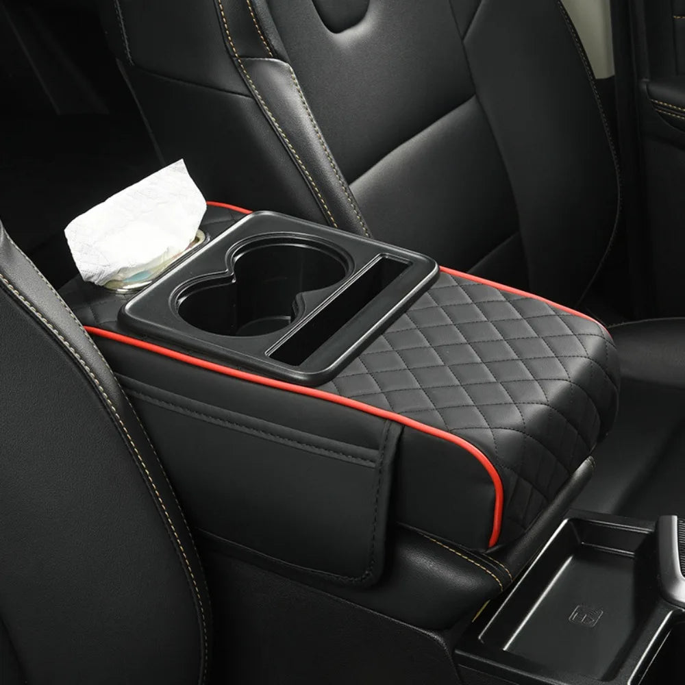 Cojín de reposabrazos Auto Center Console con soportes de doble copa - PU Página de respaldo portátil para automóviles y potenciador de altura