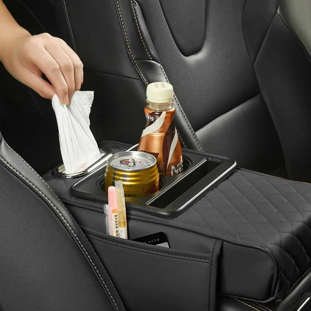 Cojín de reposabrazos Auto Center Console con soportes de doble copa - PU Página de respaldo portátil para automóviles y potenciador de altura