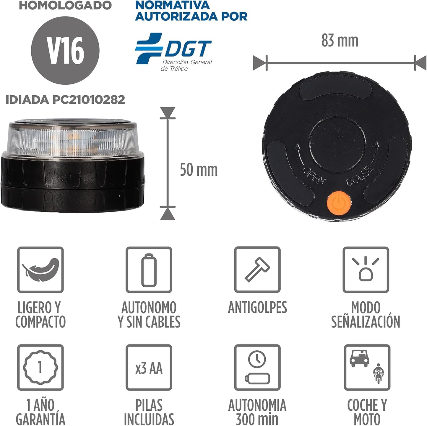 Contact Luz De Emergencia V16 Para Coche Y Moto Homologada Por DGT. Baliza De Señalización Luminosa Autónoma En Carretera. Reemplaza a Triángulos De Emergencia