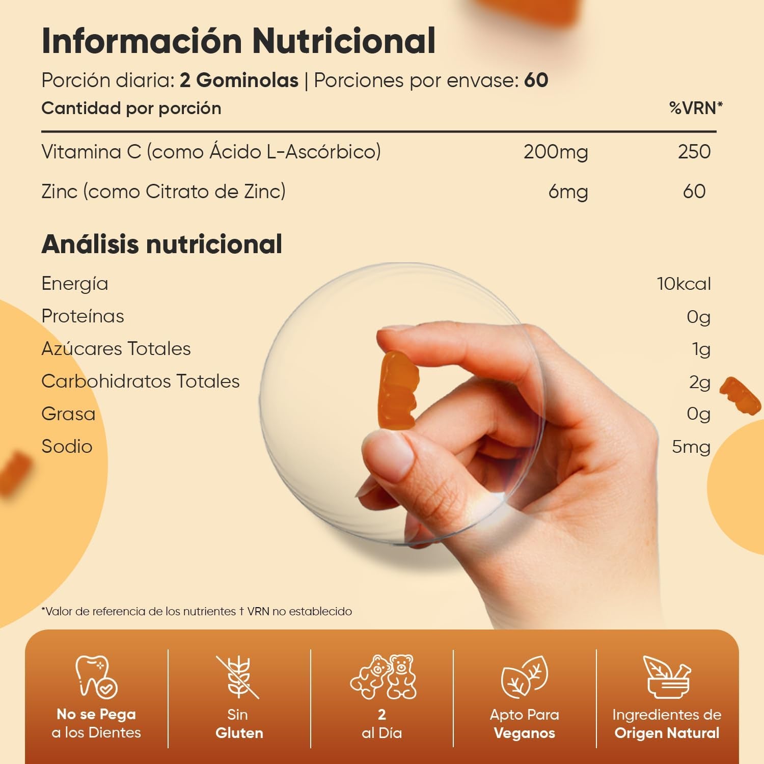 Vitamina C Y Zinc 206 Mg - 120 Gominolas Con Sabor Natural a Naranja - Gomitas Veganas, Sin Gluten Y Sin OGM Para 2 Meses