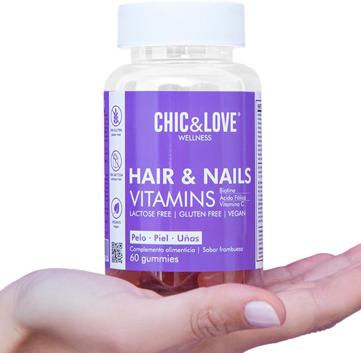 CHIC & LOVE | Gominolas Para Cabello Y Uñas Para Mujer | Vitaminas A, D, E, C, B5, B6, B12, Biotina 5.000 Mcg, Ácido Fólico YODO | SIN Gluten, SIN Lactosa, Veganas | Frambuesa | 60 Gominolas, 2 Meses
