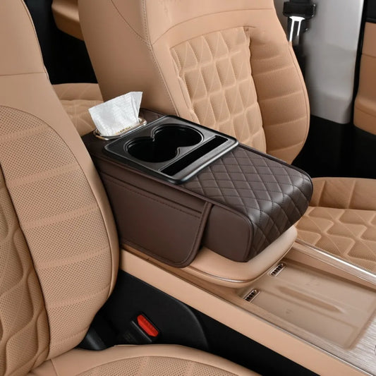 Cojín de reposabrazos Auto Center Console con soportes de doble copa - PU Página de respaldo portátil para automóviles y potenciador de altura